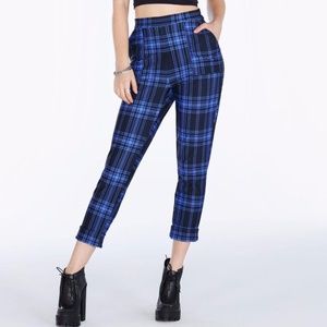 BlackMilk Clothing Tartan Punk Blue Cuffed Pants - Limited - Size Small